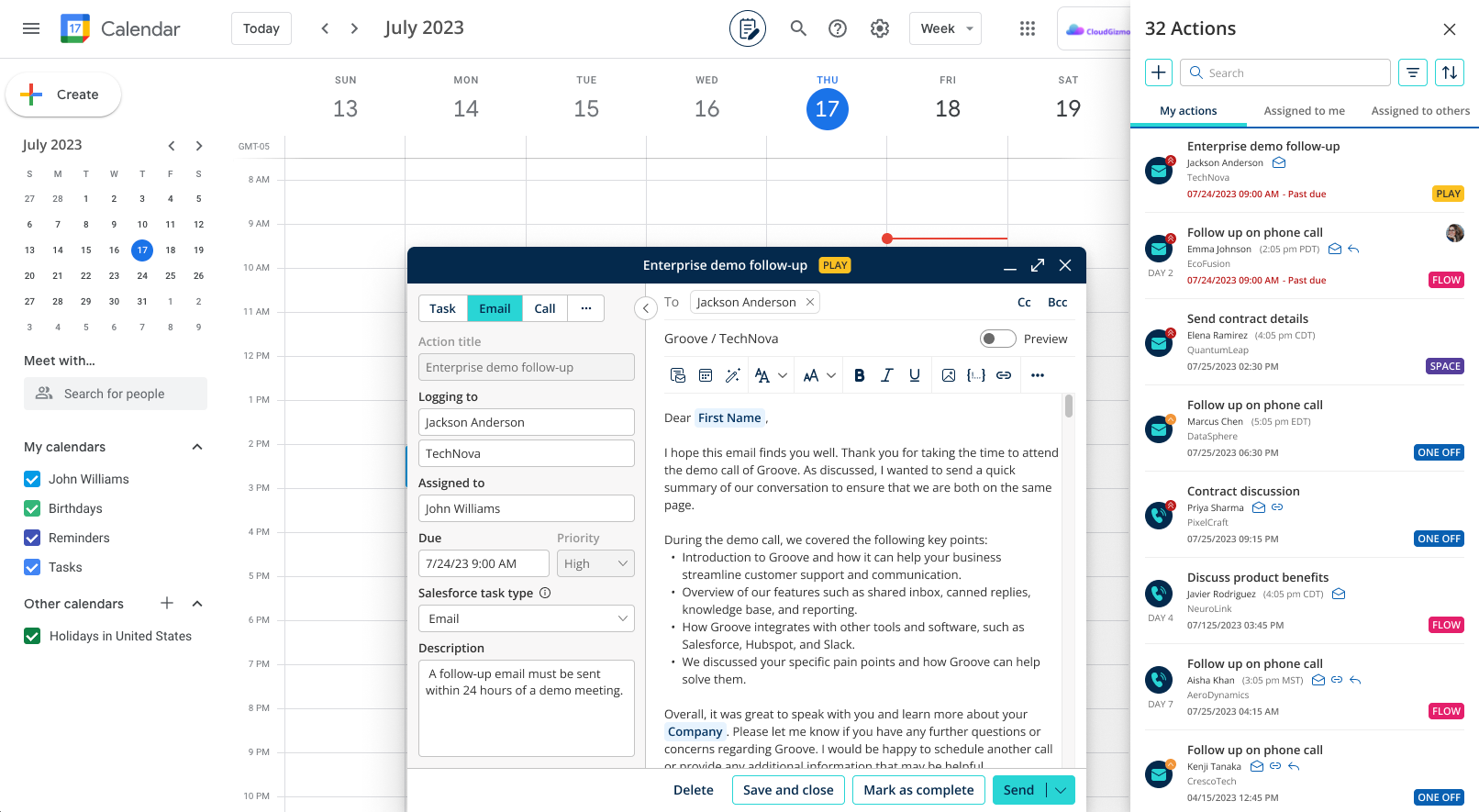 A google calendar view with the actions dialog.
