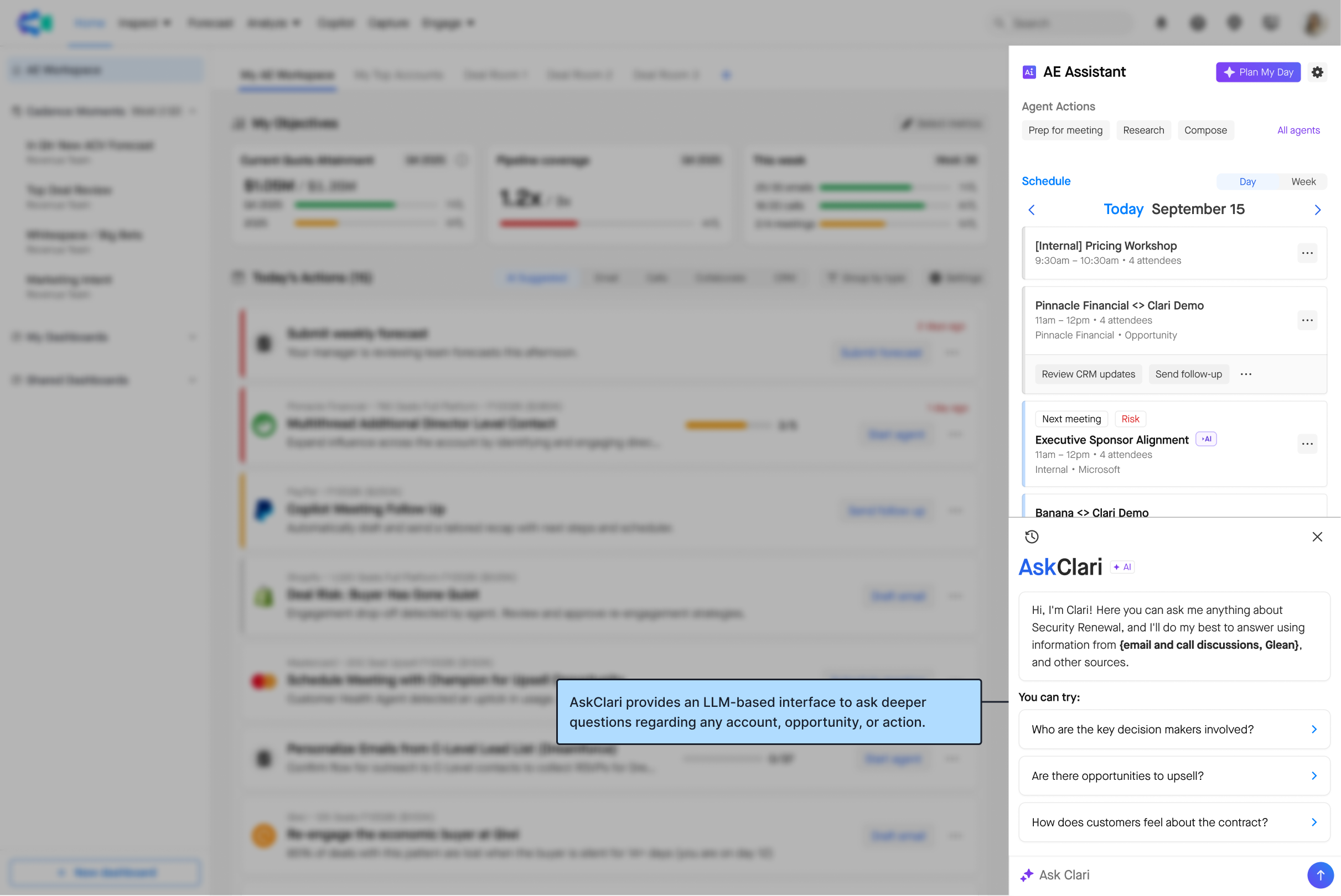 A UI showing AskClari within the AE workspace