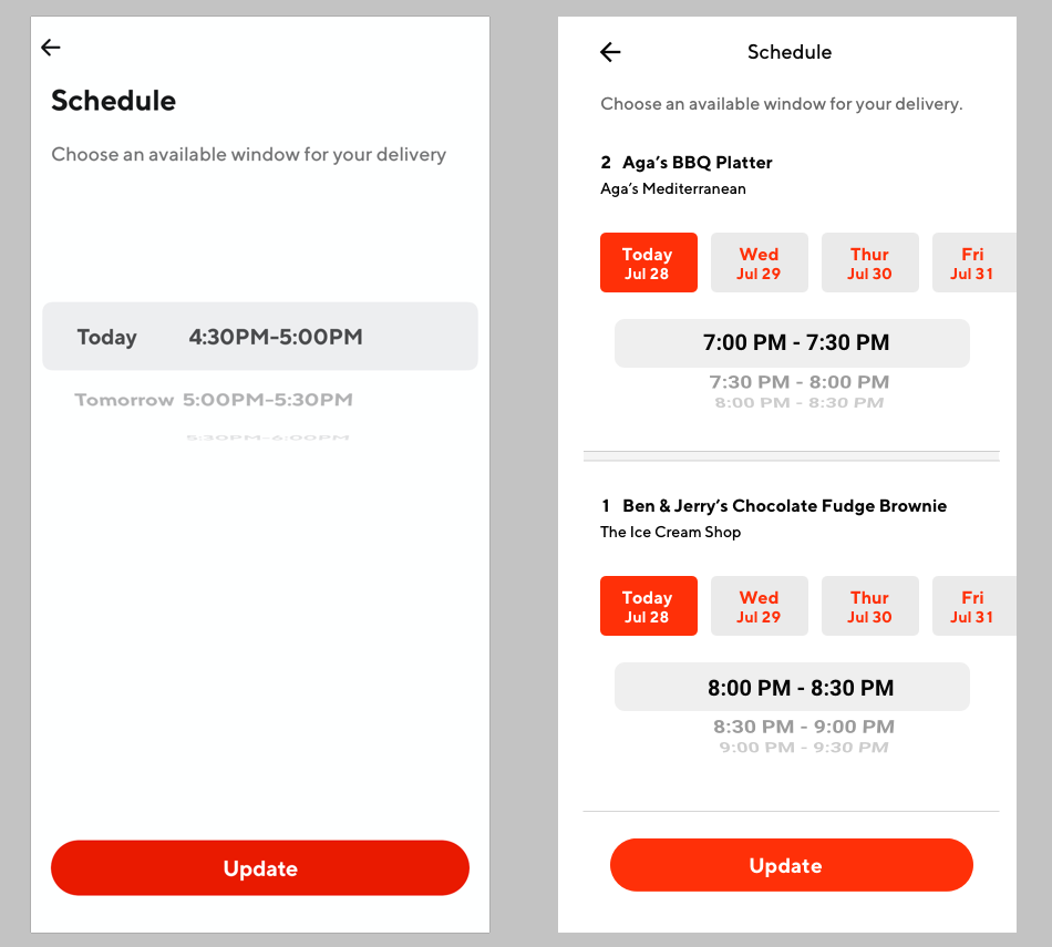 The existing DoorDash scheduling screen (left) and the extended scheduling in the mockup (right).