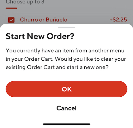 A close up of the DoorDash UI showing "Start new order?".