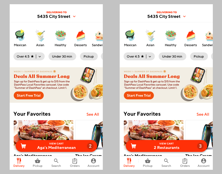 Single restaurant cart (left) and multi-restaurant cart (right).