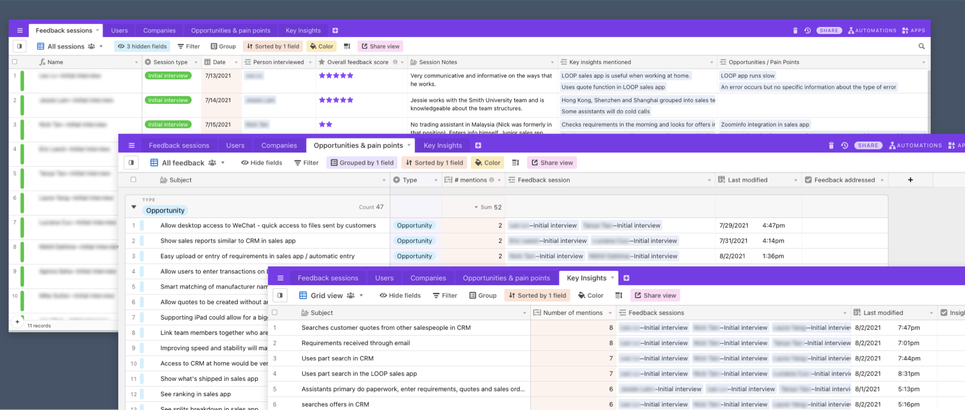 Numerous insights, opportunities and pain points captured in Airtable from 11 interviews
