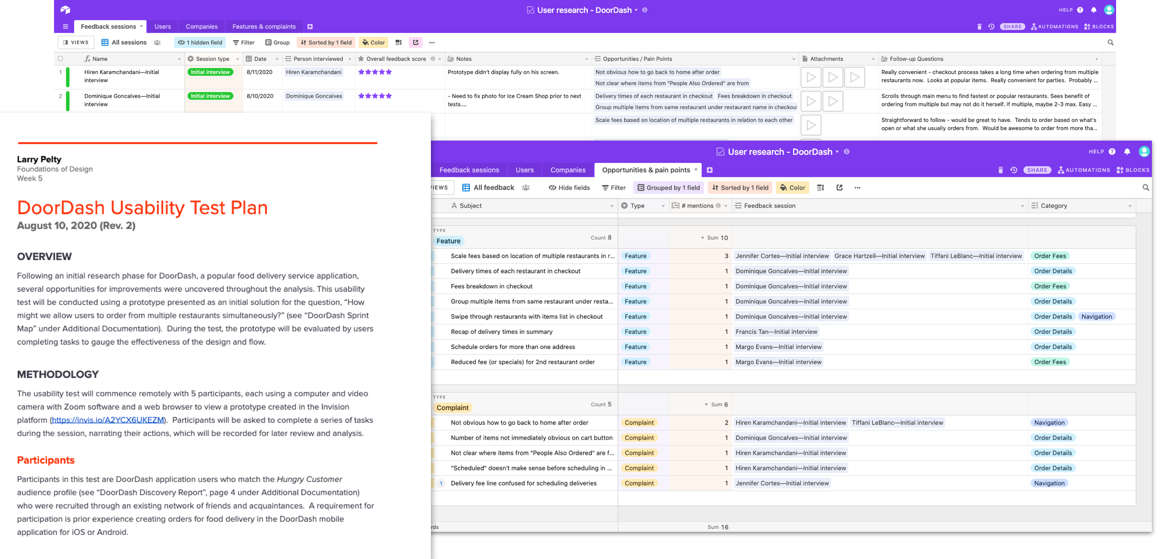 The usability test plan and results captured in Airtable.