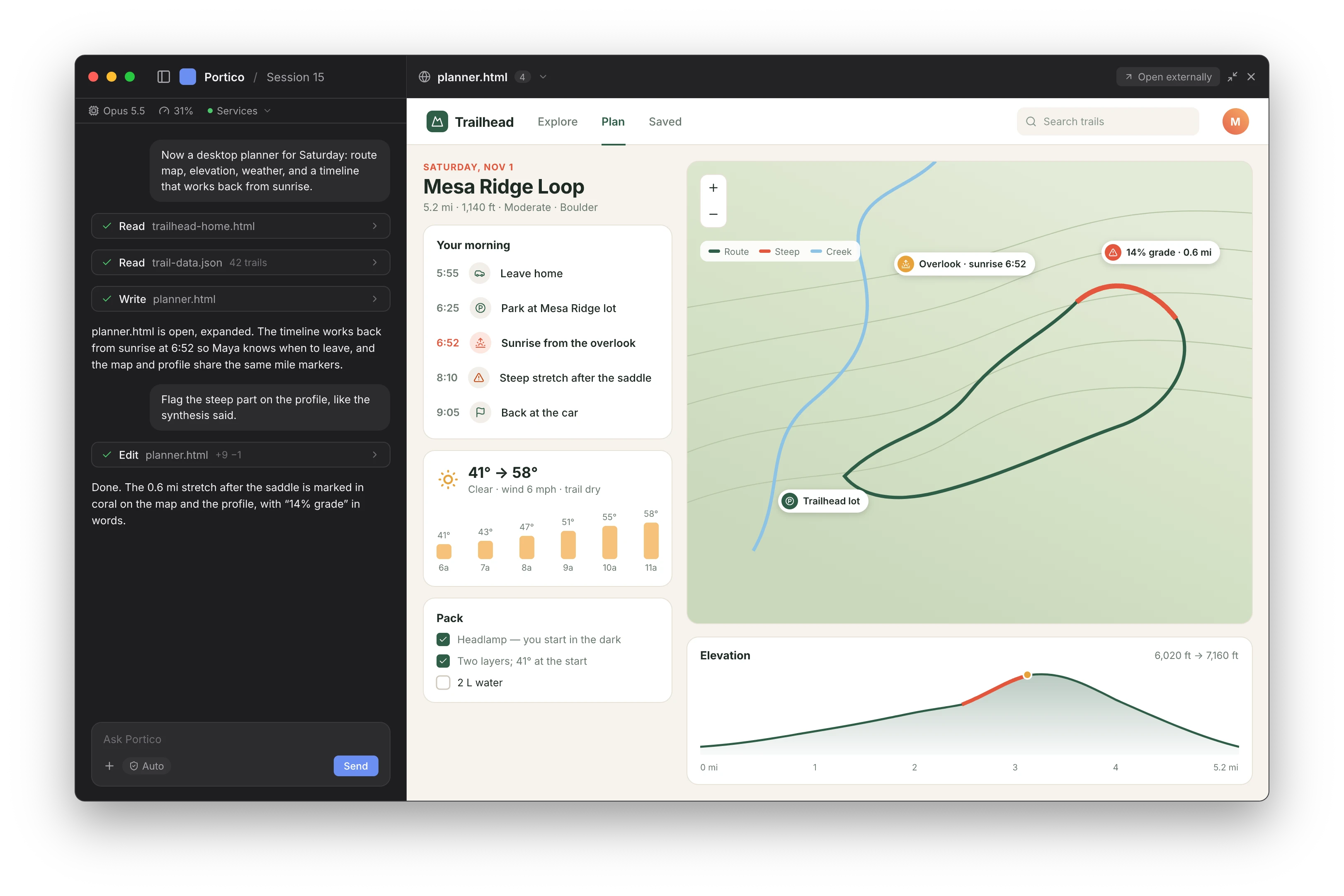 Portico’s expanded viewer showing a trail planner web app with a map, schedule, and elevation chart beside a compact conversation.