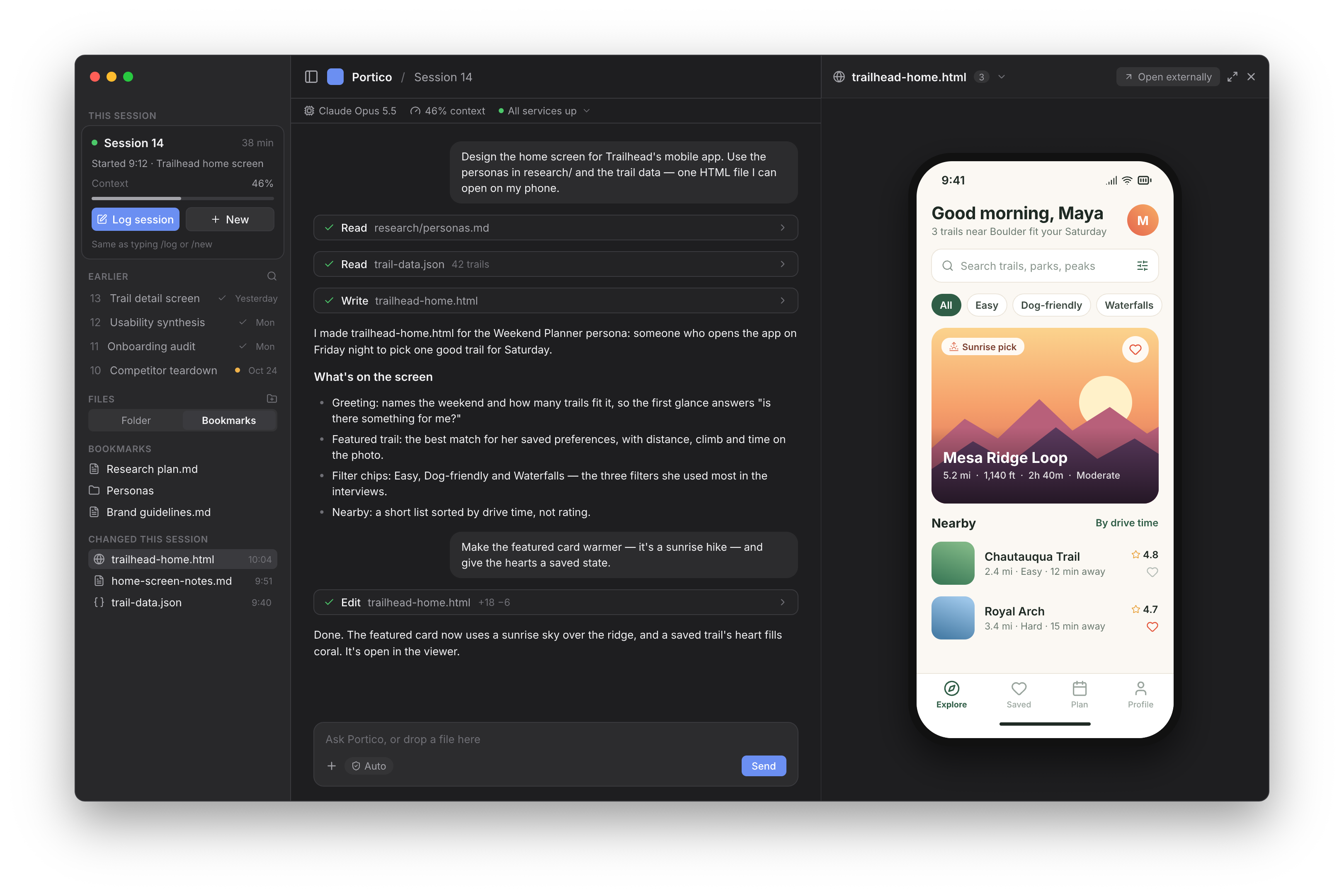 Portico interface design showing session history and files, a conversation about a trail-finding app, and its mobile preview.