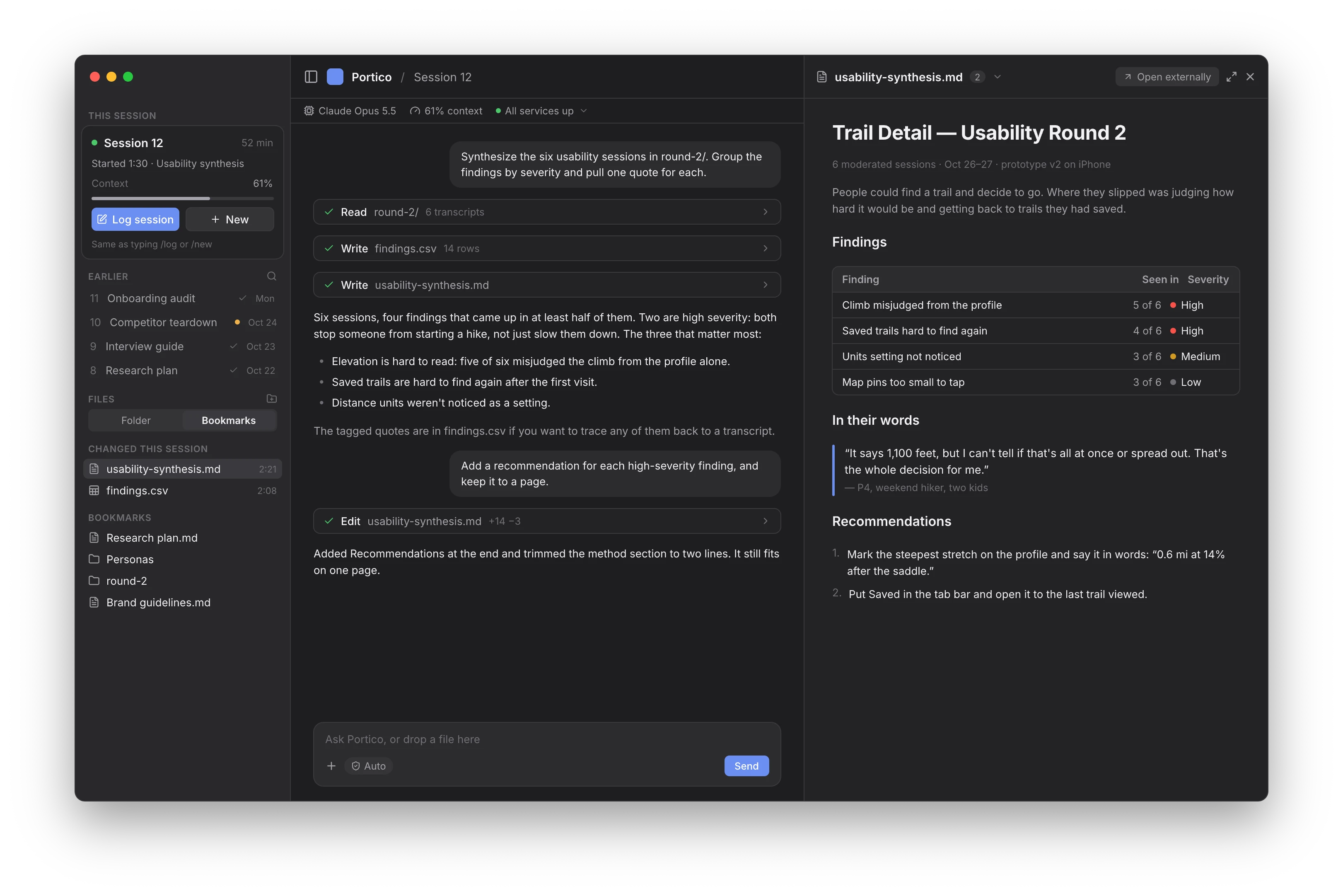A research synthesis with findings and recommendations displayed beside the conversation in Portico.